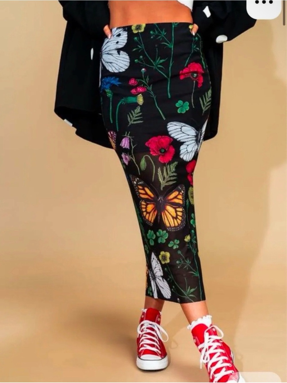 Dressed in LALA Black Midi Skirt with Multicolor Butterfly & Floral Print